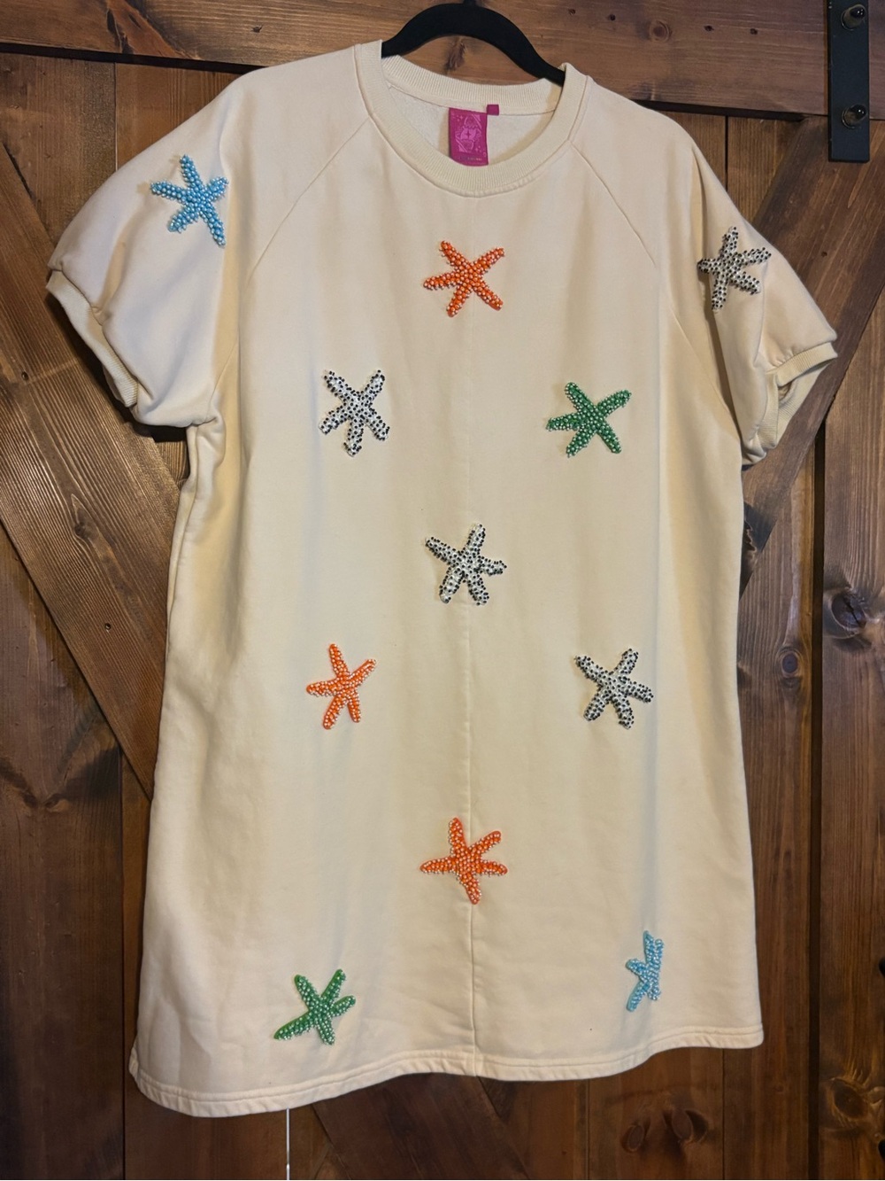 QUEEN OF SPARKLES Cream Short Sleeve Terrycloth Multicolor Starfish Beaded Dress
